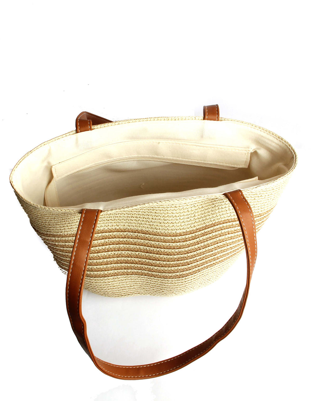 Lightweight Natural Wave-Pattern Straw Tote | Classic Light Beige
