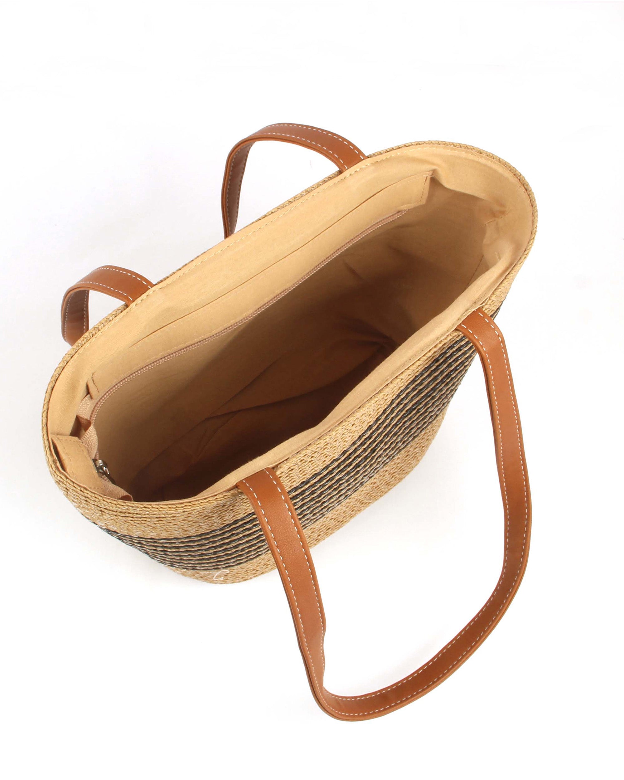 Lightweight Natural Wave-Pattern Straw Tote | Earthy Brown