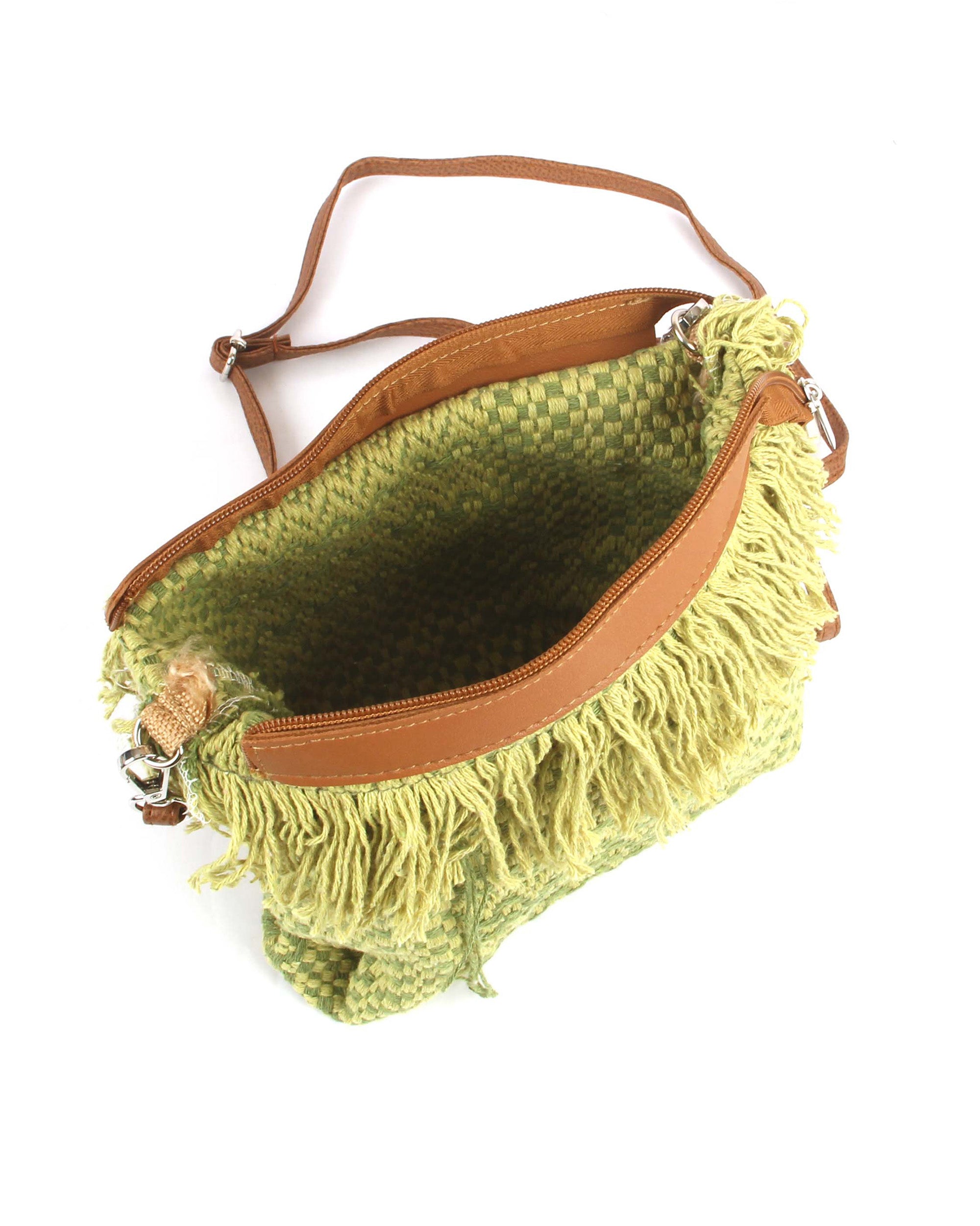 Woven Fringe Boho Bag |  Olive Green Strips