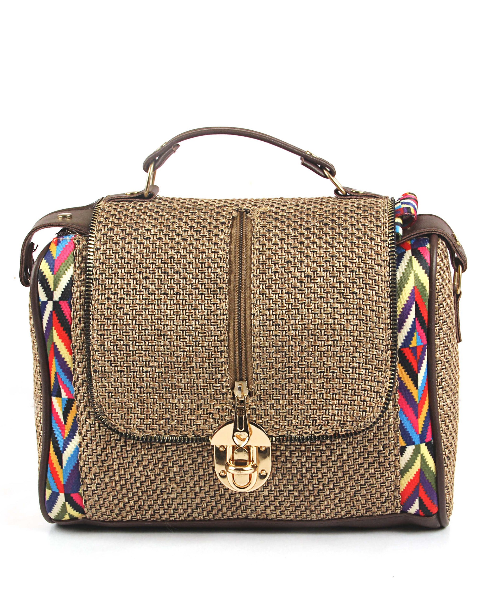 Nomad Luxe – Woven Tan Satchel with Gold Accents