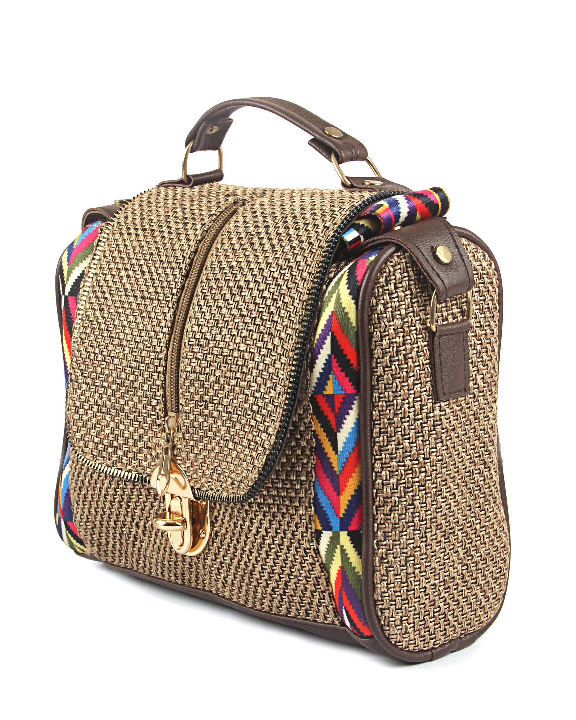 Nomad Luxe – Woven Tan Satchel with Gold Accents