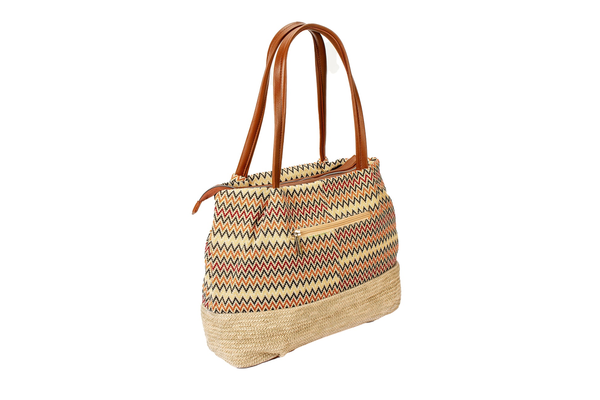 Boho Chic Zigzag Tote Bag with Tan Faux Leather Handles – Ethnic Pattern Handbag