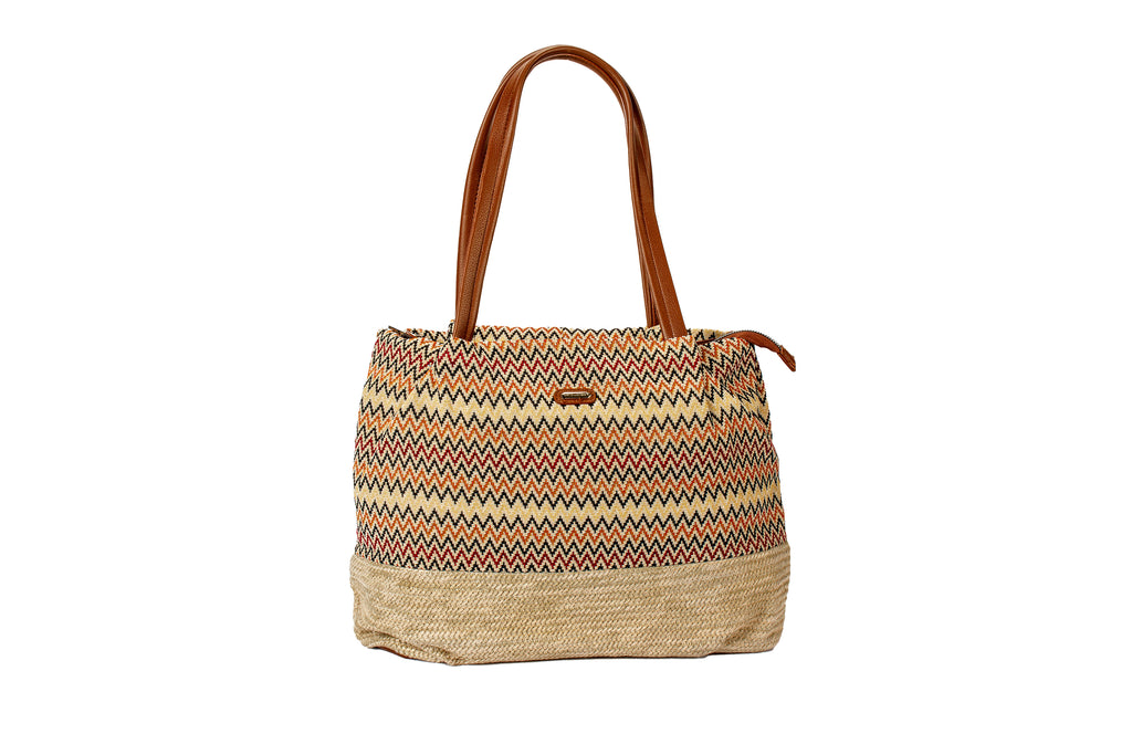 Boho Chic Zigzag Tote Bag with Tan Faux Leather Handles – Ethnic Pattern Handbag