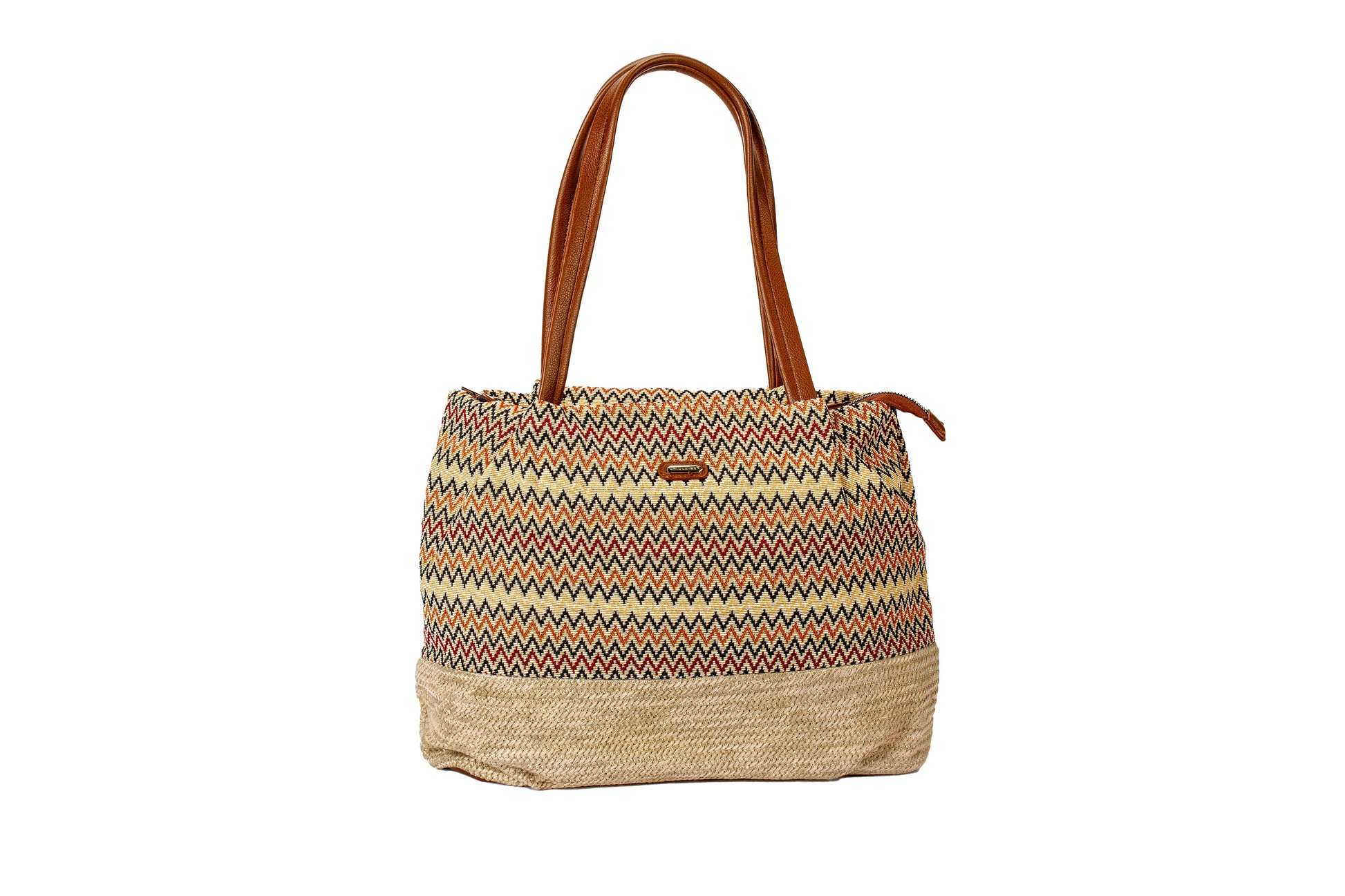 Boho Chic Zigzag Tote Bag with Tan Faux Leather Handles – Ethnic Pattern Handbag