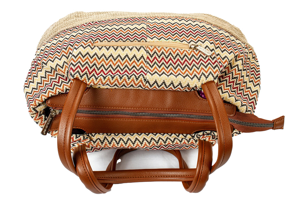 Boho Chic Zigzag Tote Bag with Tan Faux Leather Handles – Ethnic Pattern Handbag