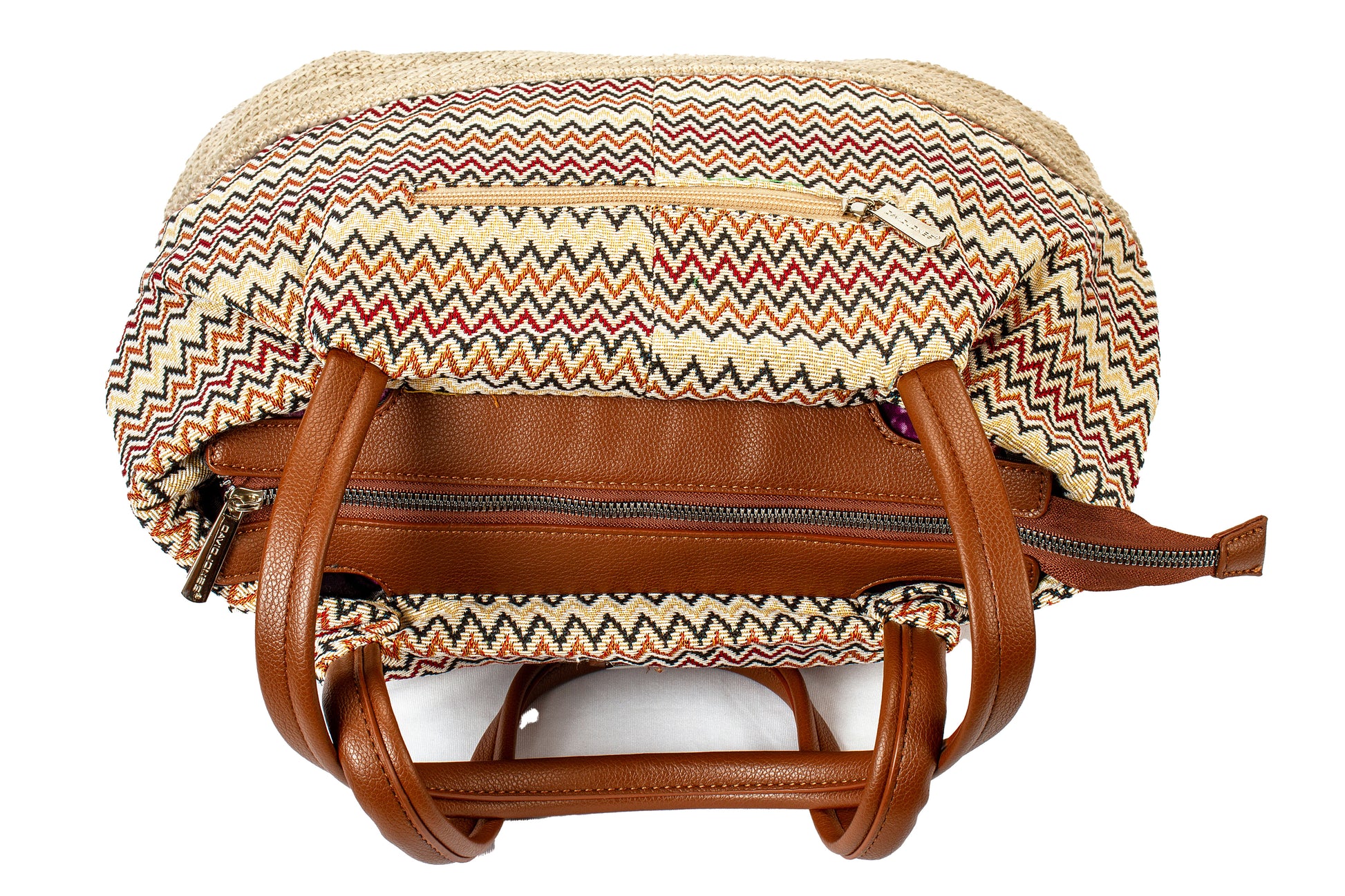 Boho Chic Zigzag Tote Bag with Tan Faux Leather Handles – Ethnic Pattern Handbag