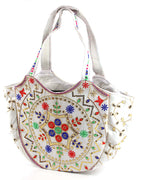 Floral Embroidered Crescent Tote - White