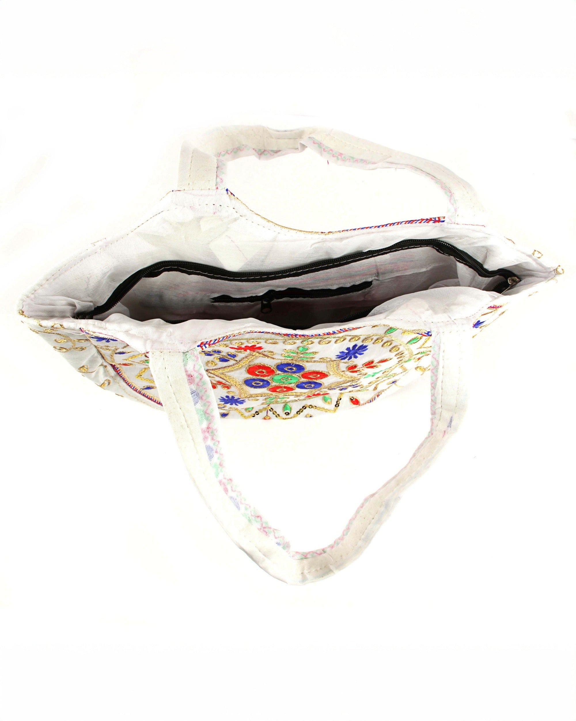 Floral Embroidered Crescent Tote - White