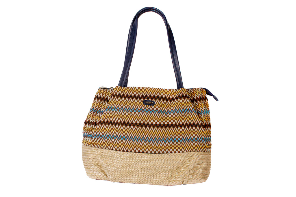 Bohemian Breeze Zigzag Tote Bag – Navy Blue Strap Ethnic Handbag with Jute Base