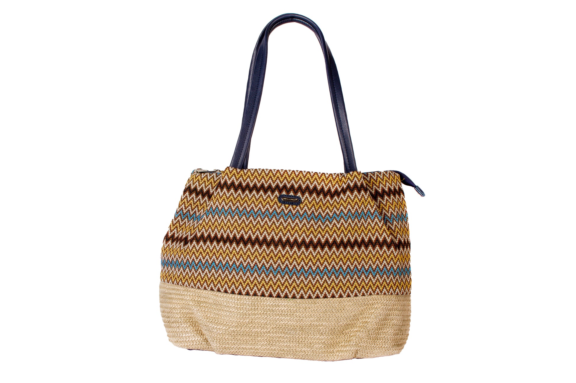 Bohemian Breeze Zigzag Tote Bag – Navy Blue Strap Ethnic Handbag with Jute Base