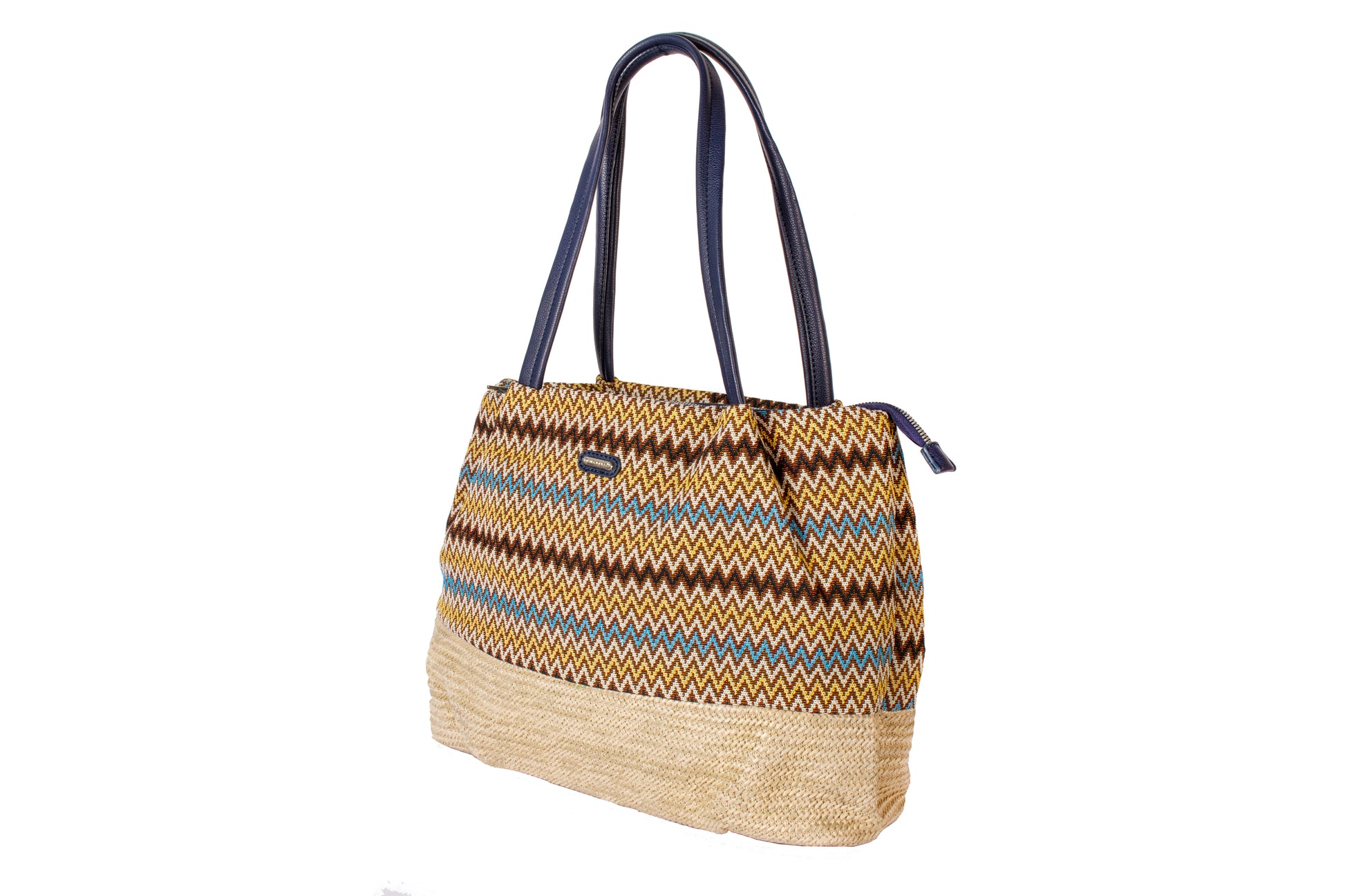 Bohemian Breeze Zigzag Tote Bag – Navy Blue Strap Ethnic Handbag with Jute Base