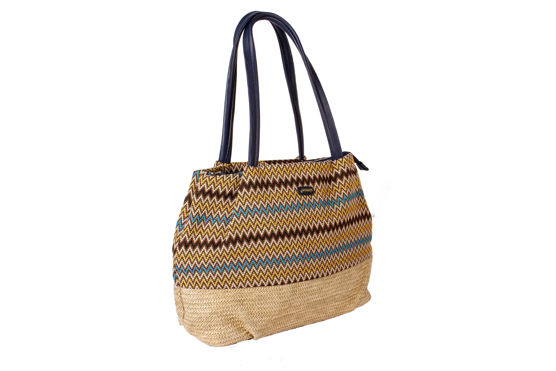 Bohemian Breeze Zigzag Tote Bag – Navy Blue Strap Ethnic Handbag with Jute Base
