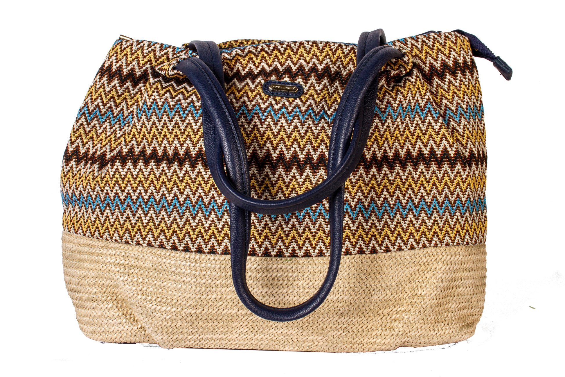 Bohemian Breeze Zigzag Tote Bag – Navy Blue Strap Ethnic Handbag with Jute Base