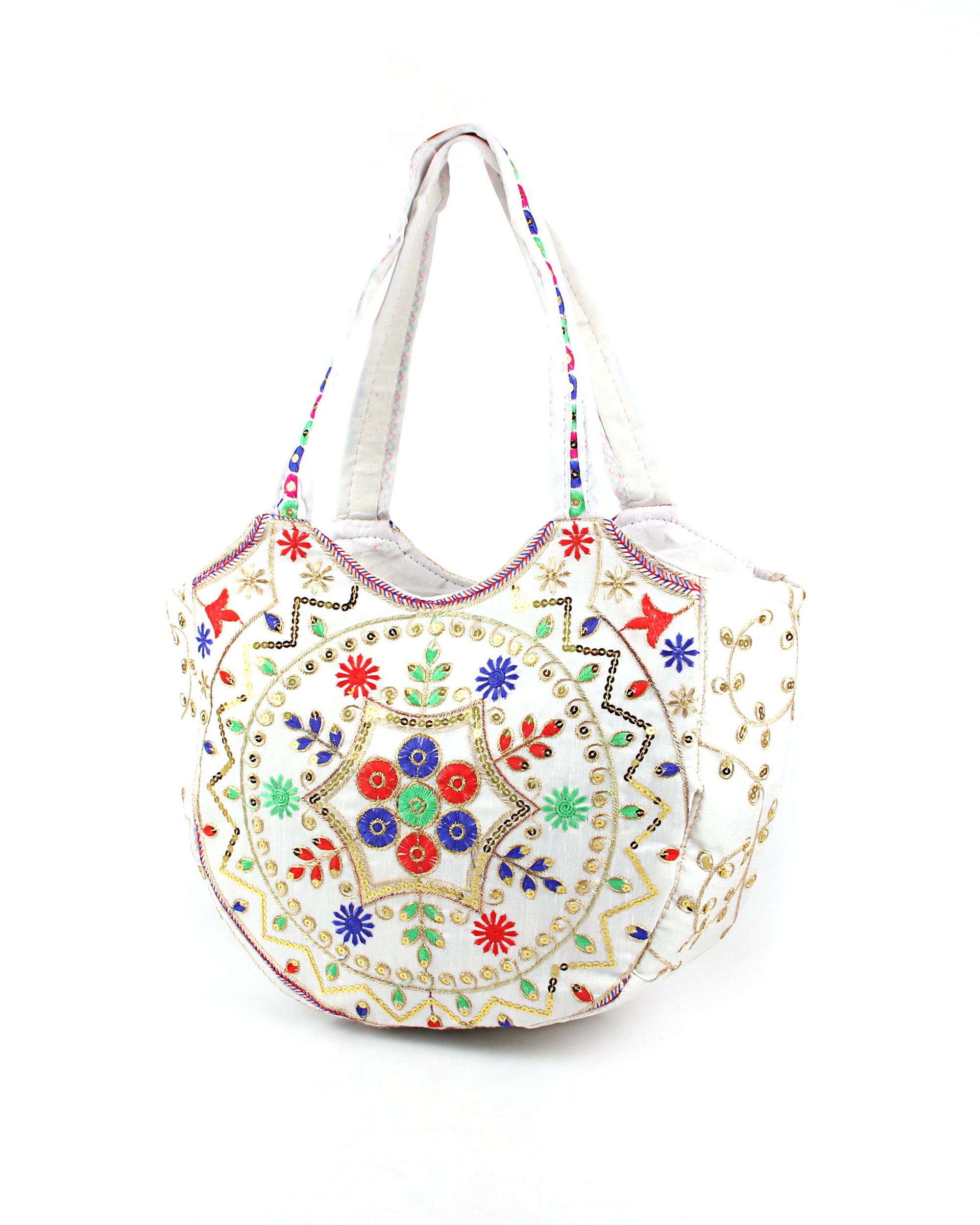Floral Embroidered Crescent Tote - White