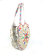 Floral Embroidered Crescent Tote - White
