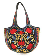 Floral Embroidered Crescent Tote - Red & Black