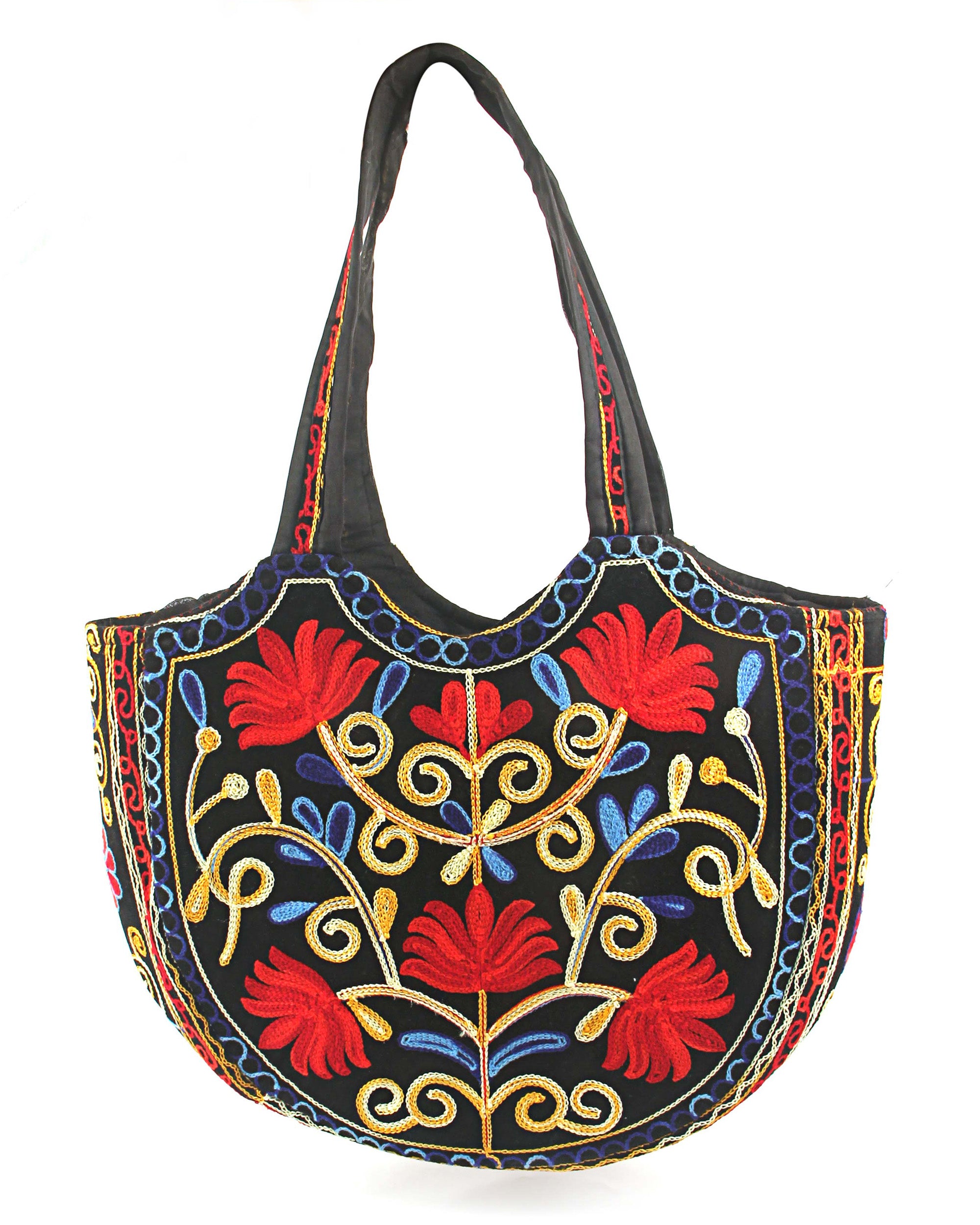 Floral Embroidered Crescent Tote - Red & Black