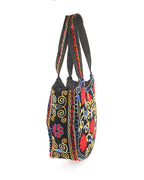 Floral Embroidered Crescent Tote - Red & Black