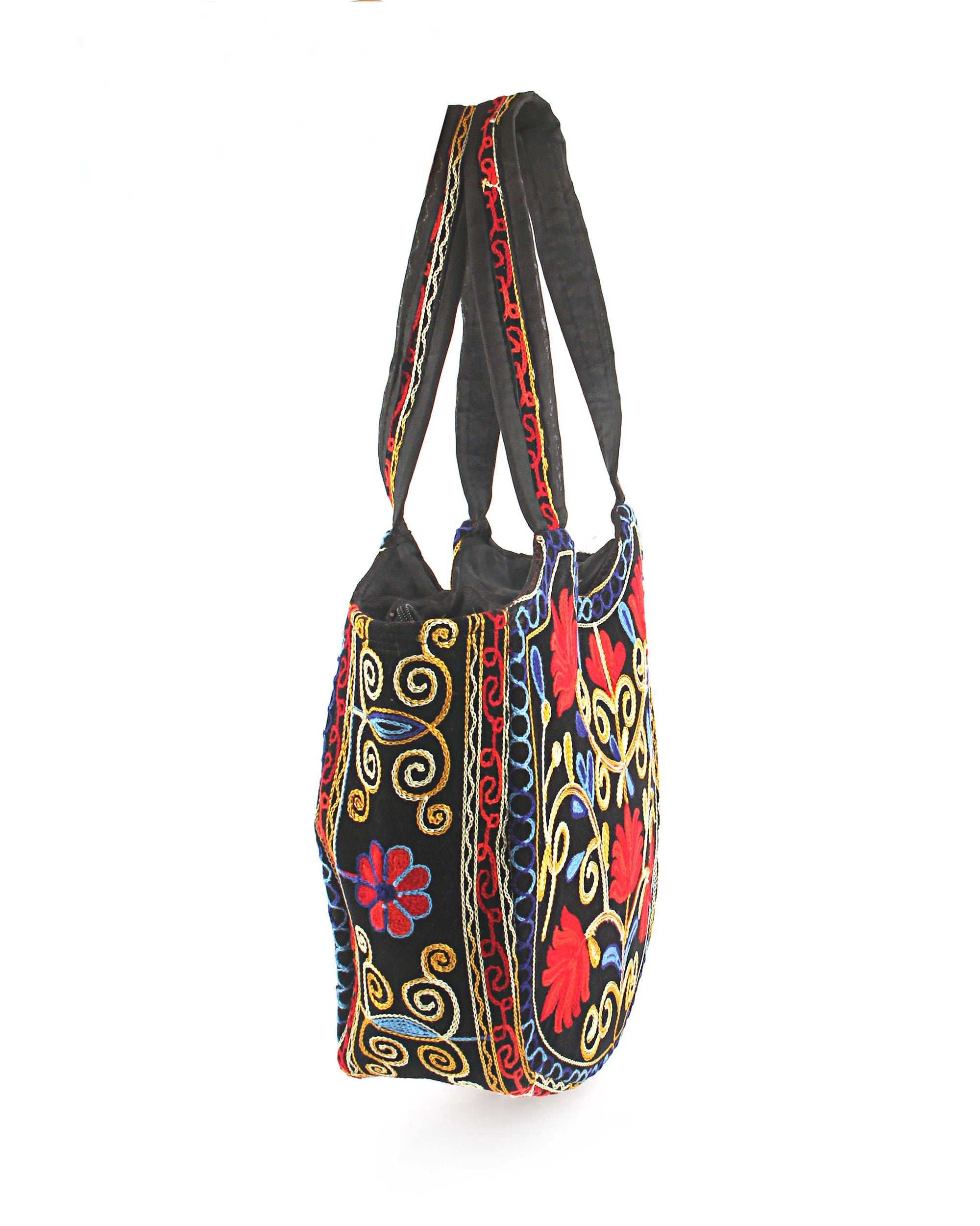 Floral Embroidered Crescent Tote - Red & Black