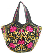 Floral Embroidered Crescent Tote - Pink & Black