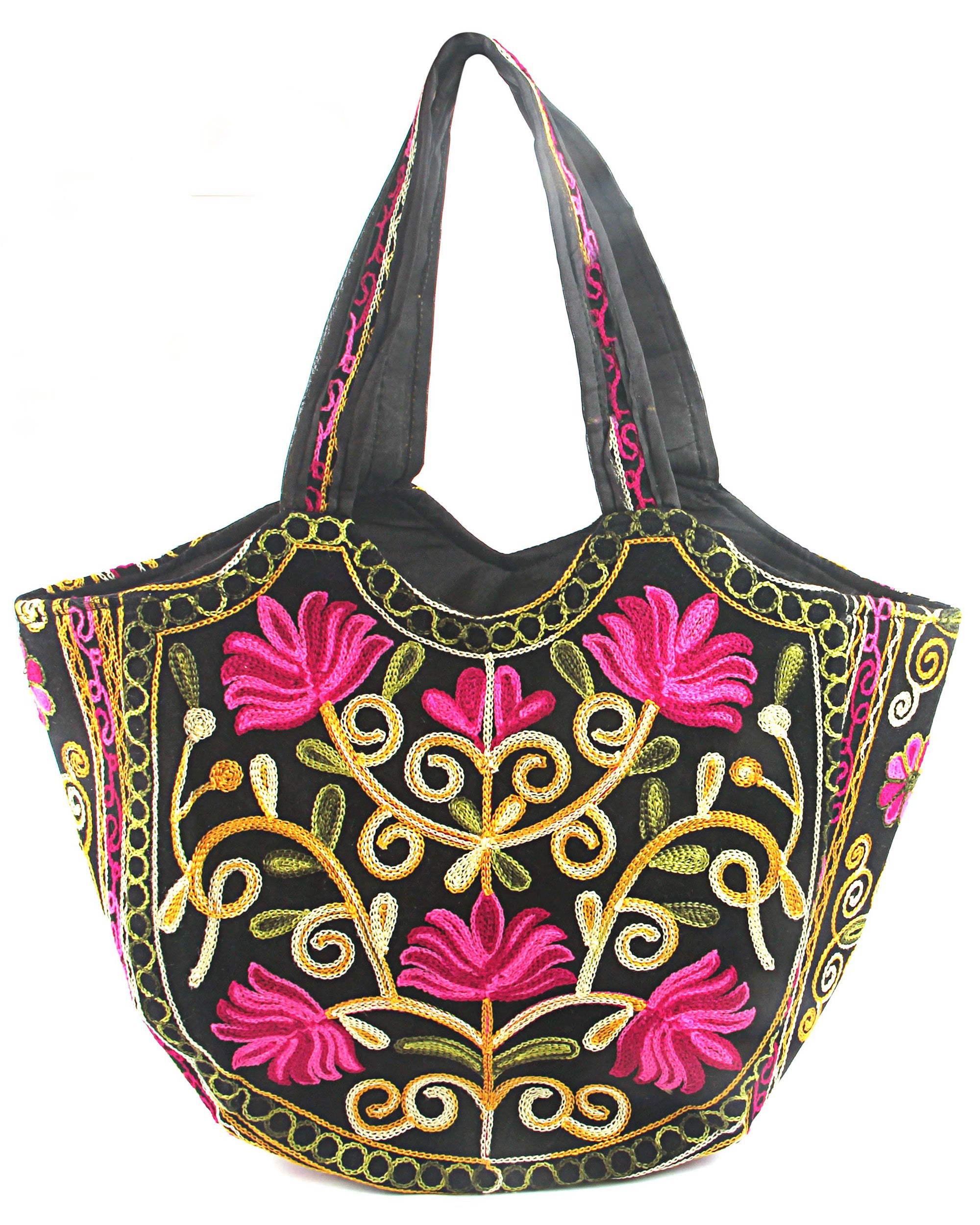 Floral Embroidered Crescent Tote - Pink & Black