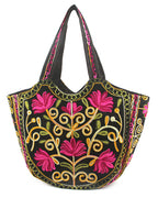 Floral Embroidered Crescent Tote - Pink & Black