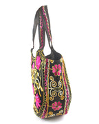 Floral Embroidered Crescent Tote - Pink & Black