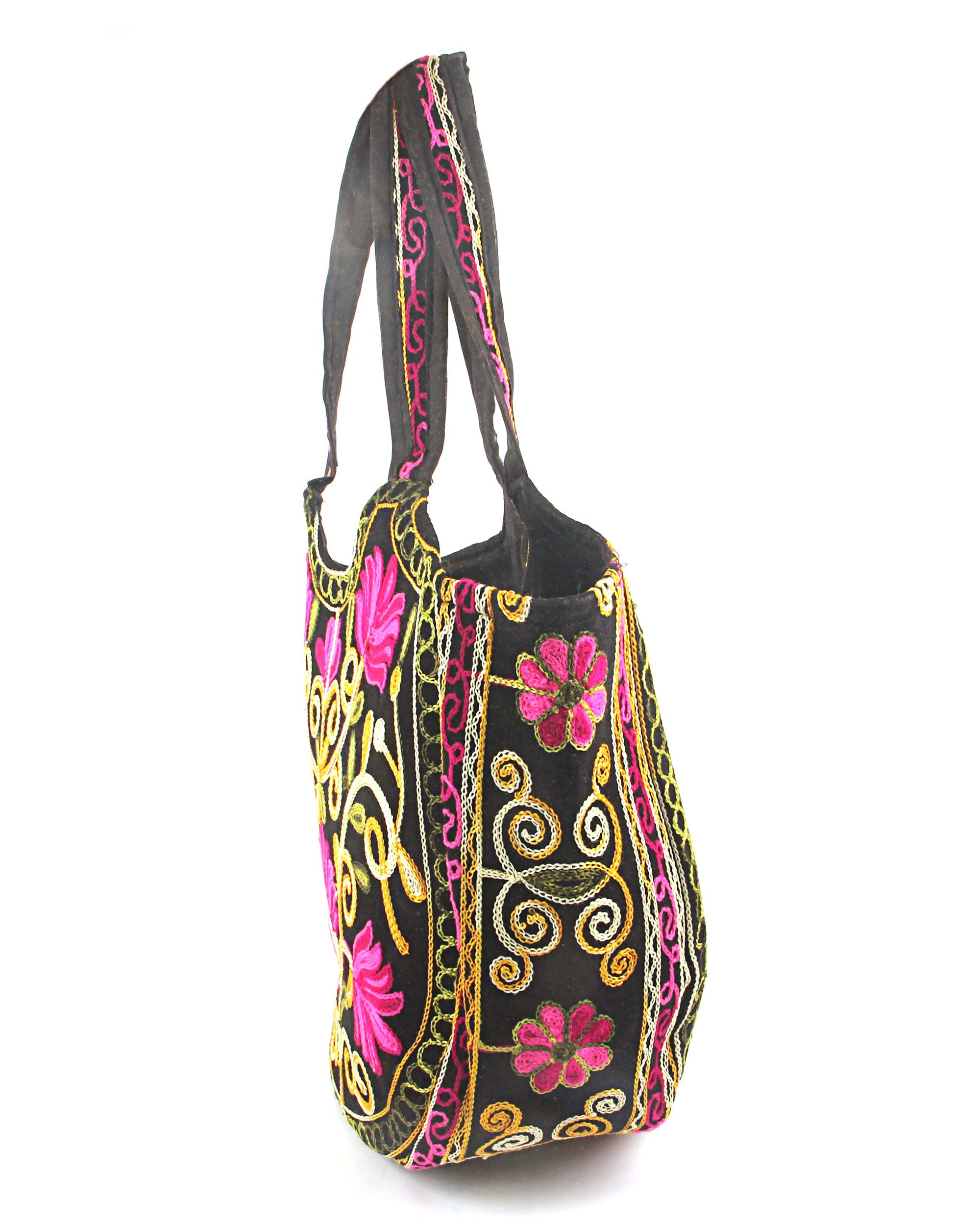 Floral Embroidered Crescent Tote - Pink & Black