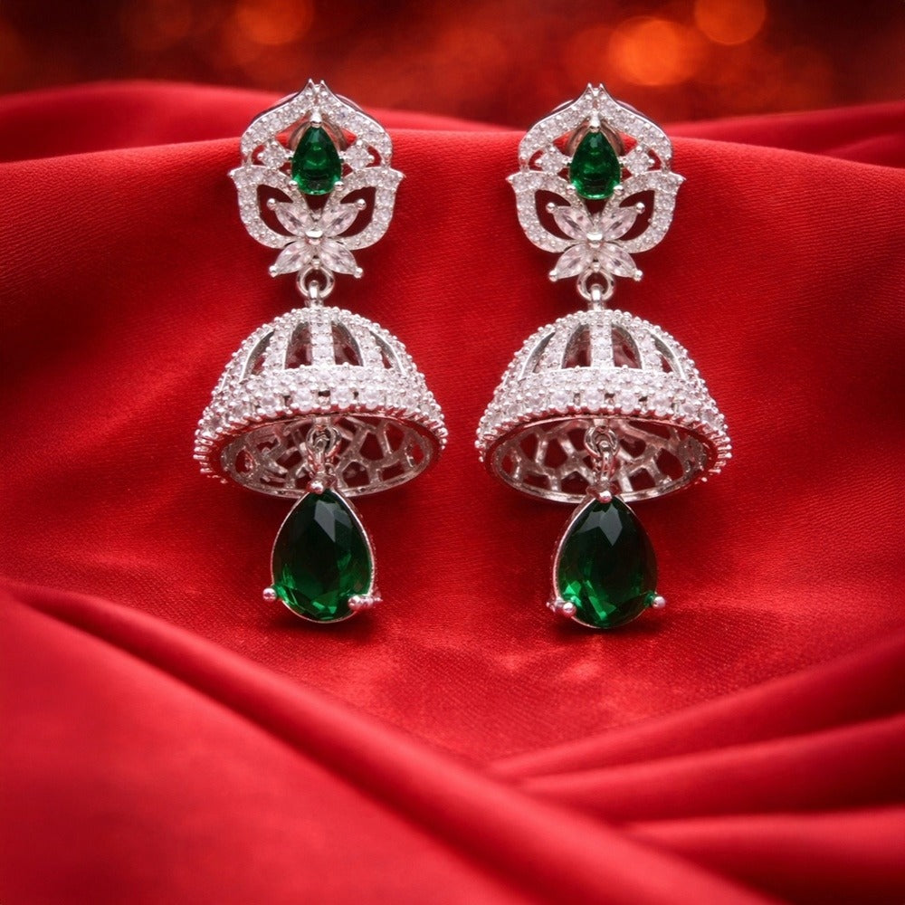 Jhumka Teardrop Earrings Silver-Tone - Green Emerald