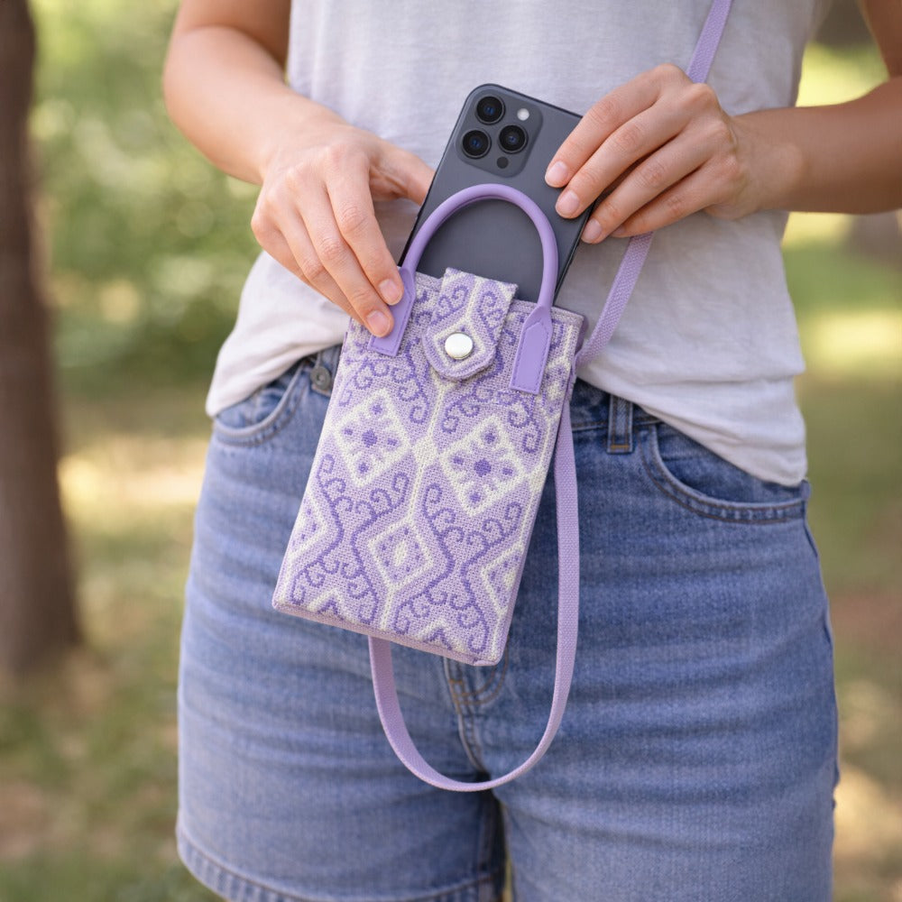 lavender ikat mini mobile sling bag for women stylish design
