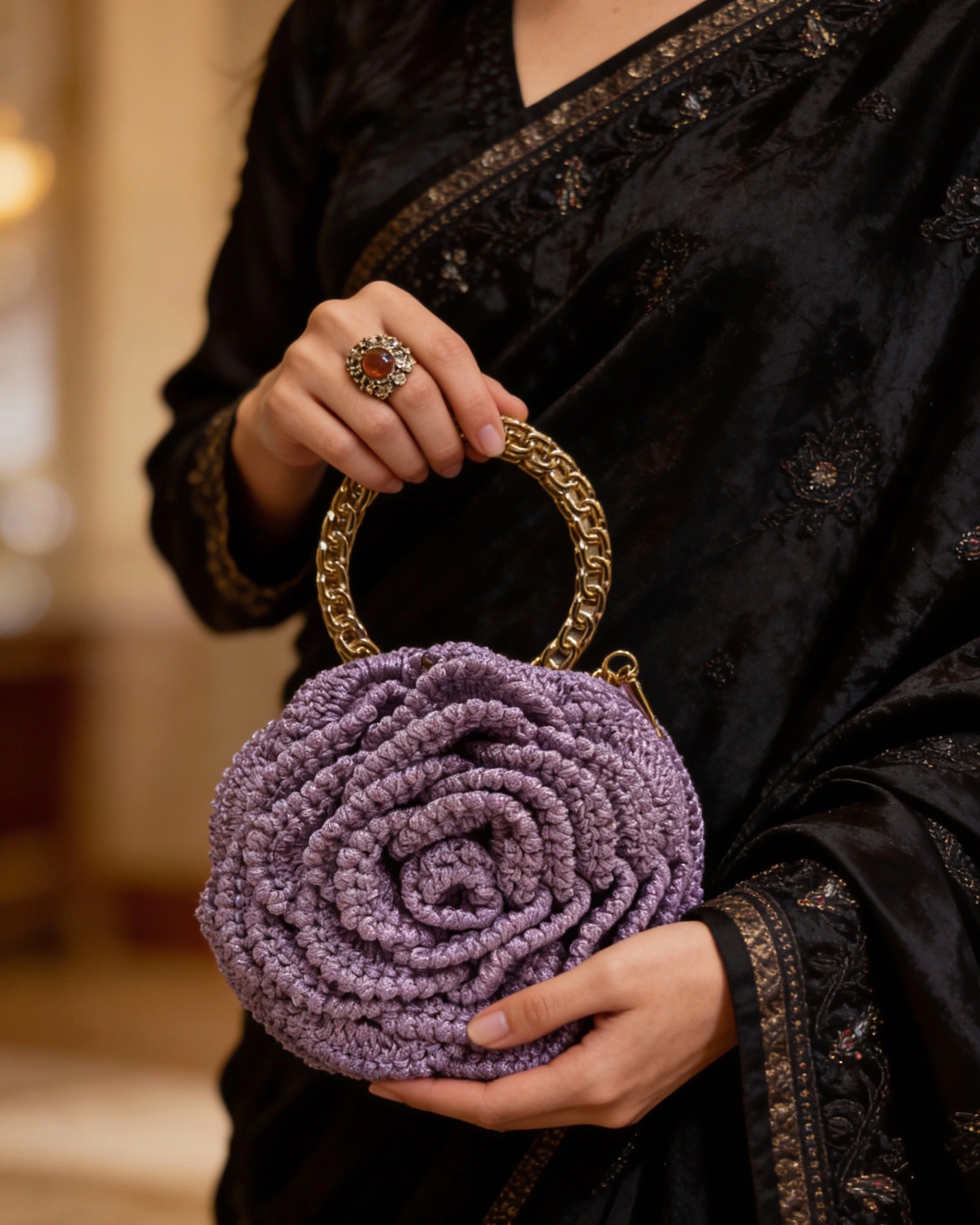 Rosalia Crochet Rose Bag – Handmade 3D Floral Clutch (Lavender)