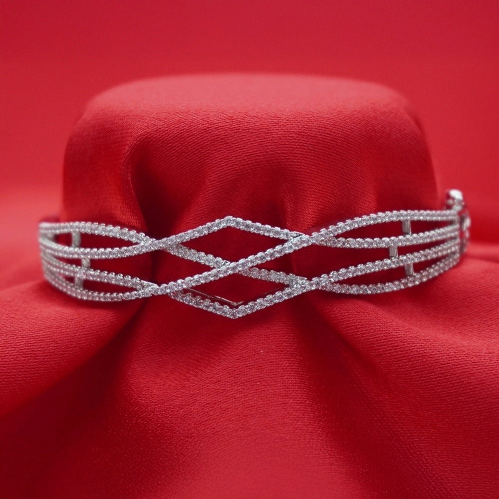 Layered Crisscross Silver-Tone American Diamond Bracelet (Free Size)