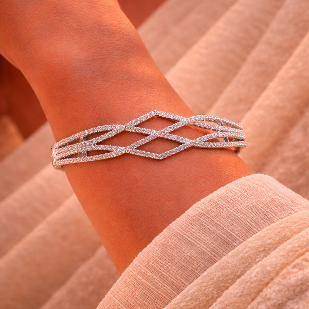 Layered Crisscross Silver-Tone American Diamond Bracelet (Free Size)