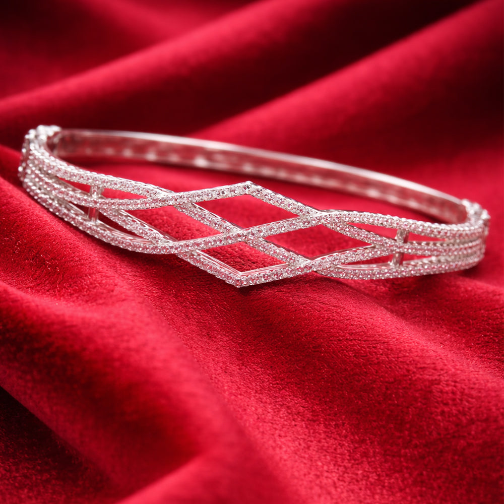 Layered Crisscross Silver-Tone American Diamond Bracelet (Free Size)