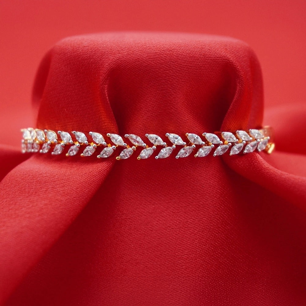 Marquise Leaf Motif Setting Gold-Tone Diamond Bracelet (Free Size)