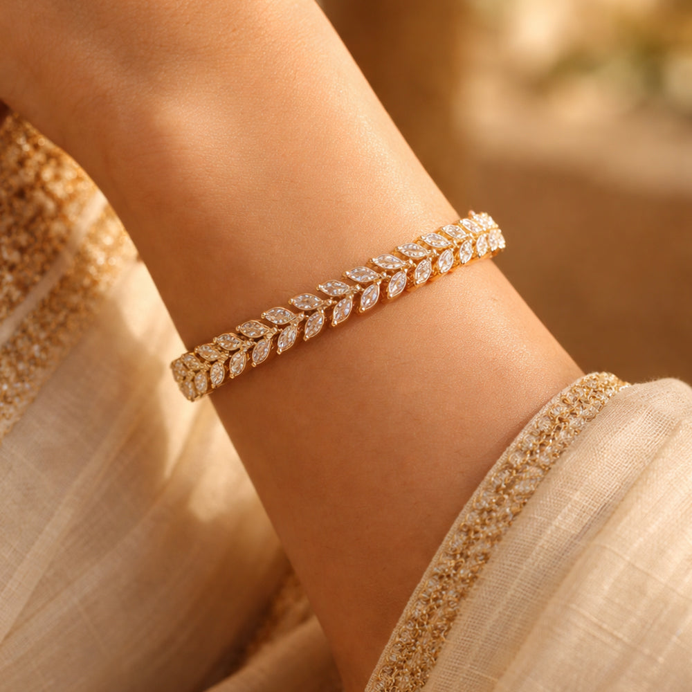 Marquise Leaf Motif Setting Gold-Tone Diamond Bracelet (Free Size)