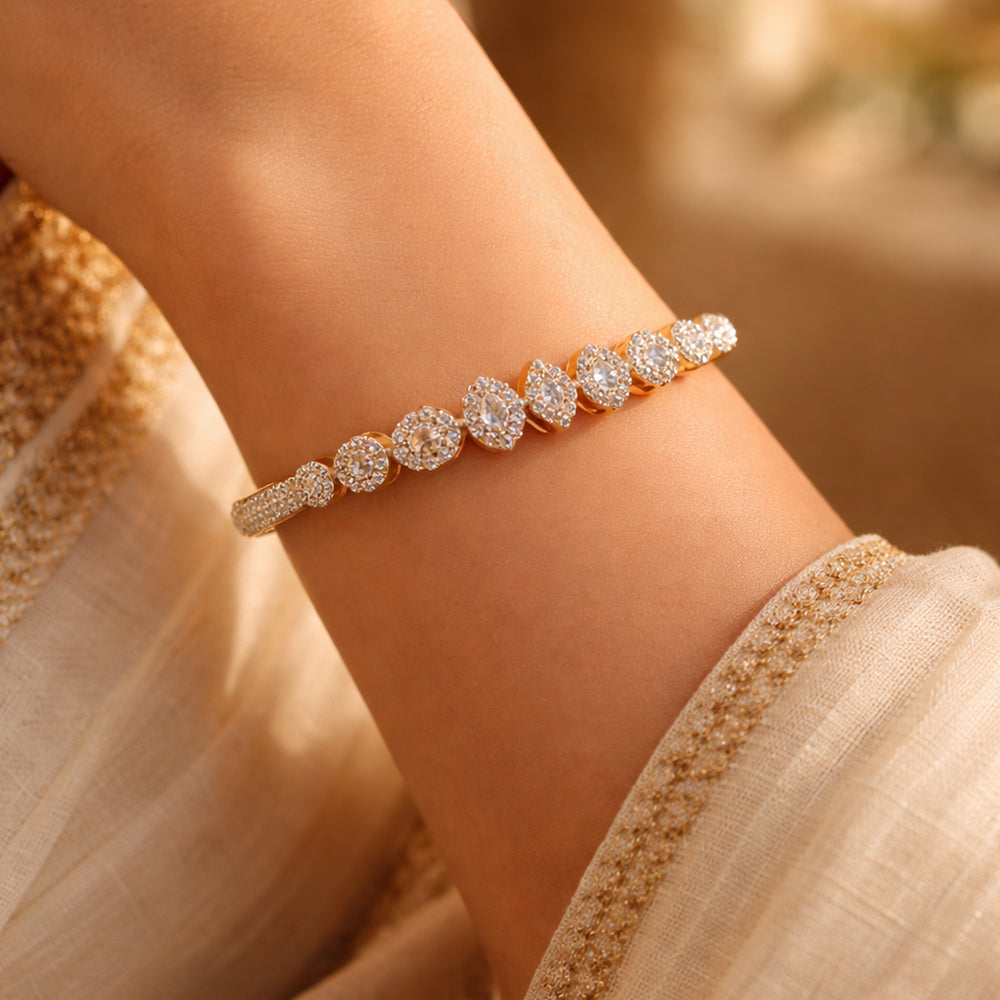 Marquise and Round Motif Cluster-Set Gold-Tone Statement Bracelet (Free Size)
