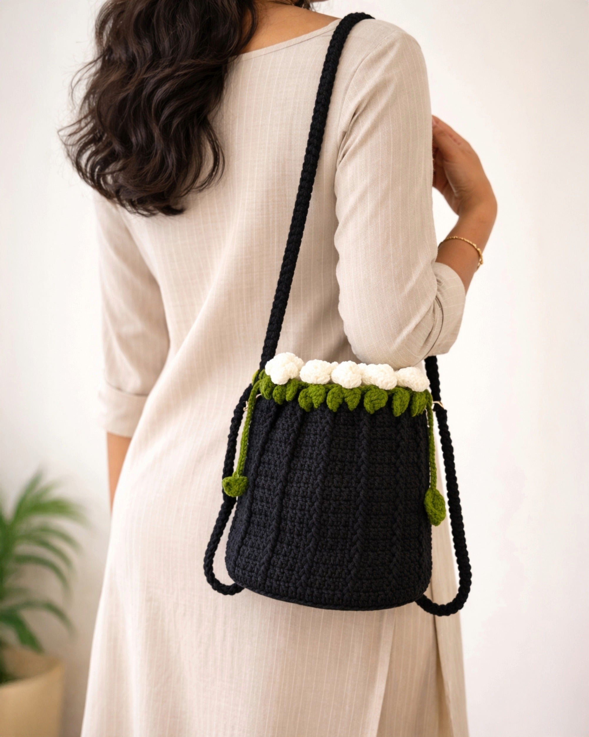 Midnight Crochet Drawstring Sling Purse – Ivory Rose Edition