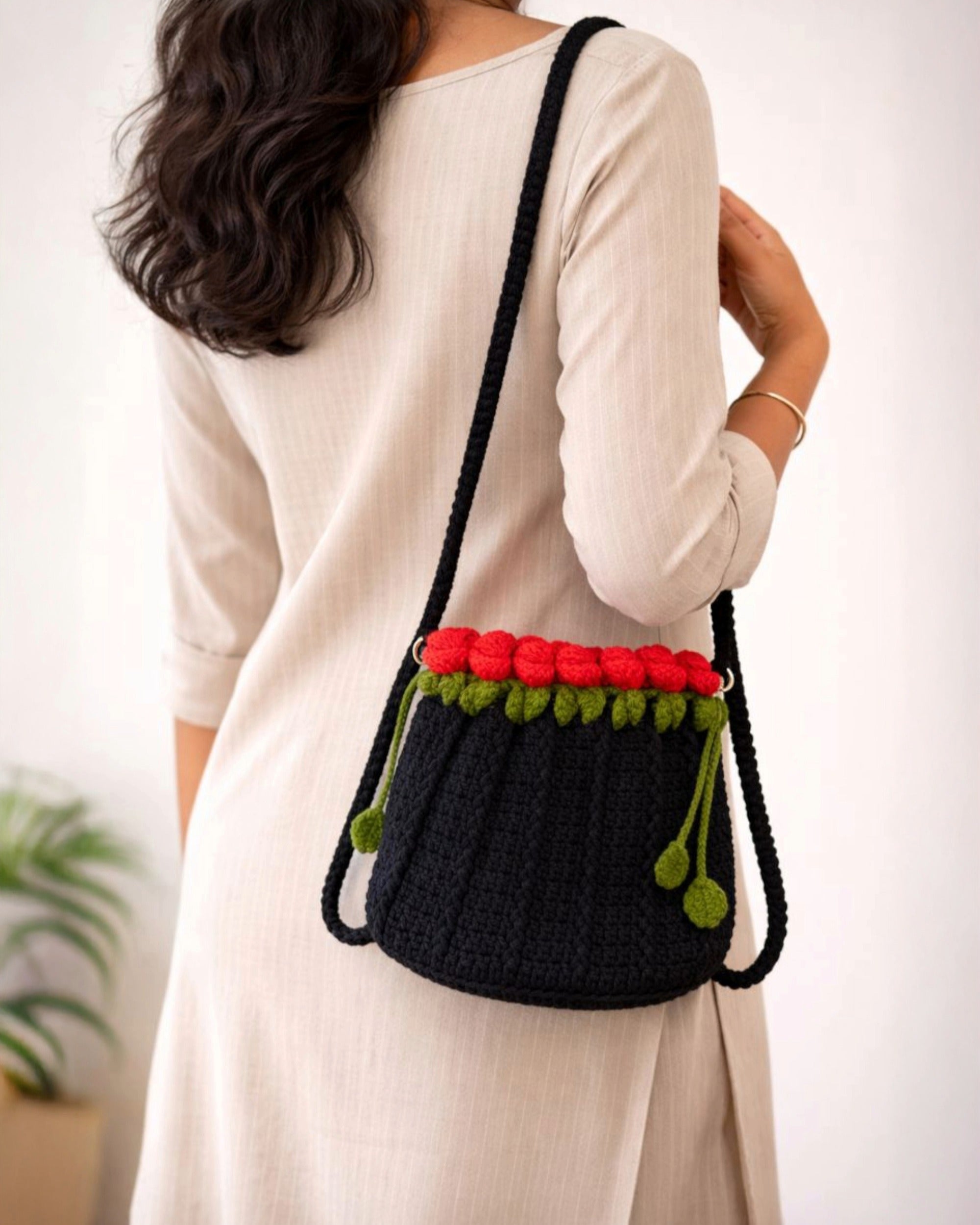 Midnight Crochet Drawstring Sling Purse – Scarlet Rose Edition