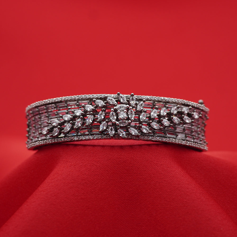 Silver-Tone Multi-Row Black Baguette Floral Statement Bracelet (Free size)