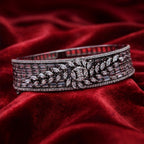 Silver-Tone Multi-Row Black Baguette Floral Statement Bracelet (Free size)