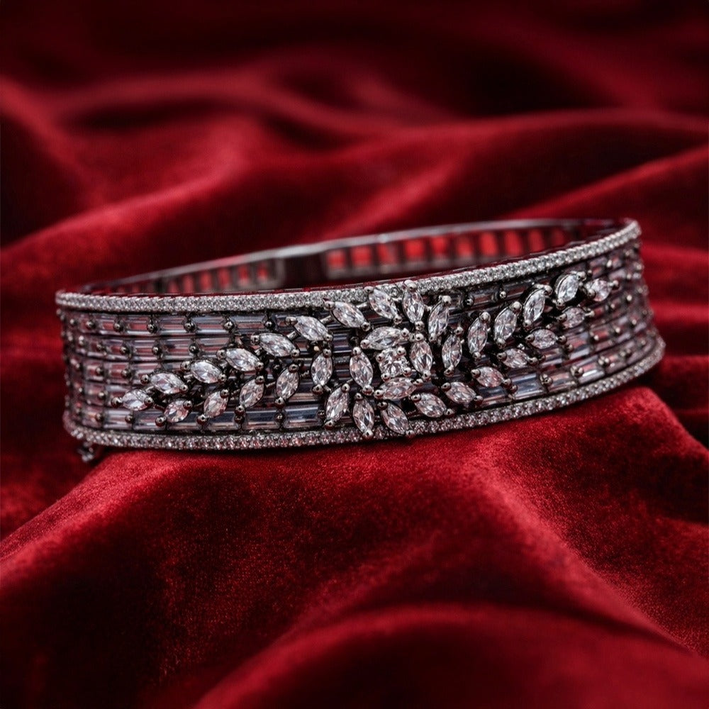 Silver-Tone Multi-Row Black Baguette Floral Statement Bracelet (Free size)