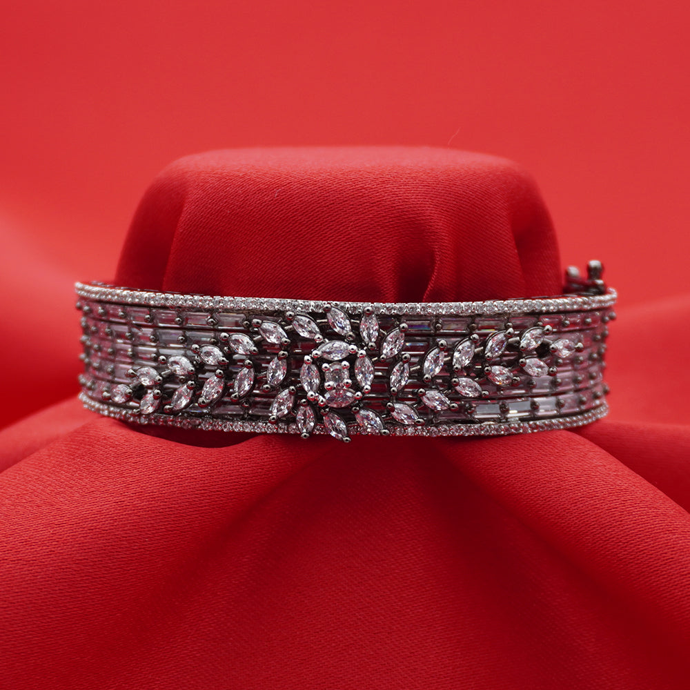 Silver-Tone Multi-Row Black Baguette Floral Statement Bracelet (Free size)