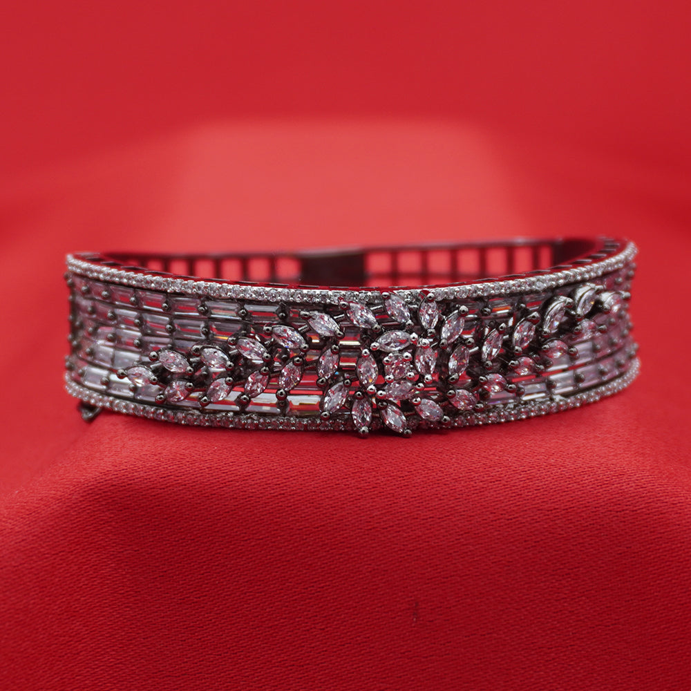 Silver-Tone Multi-Row Black Baguette Floral Statement Bracelet (Free size)