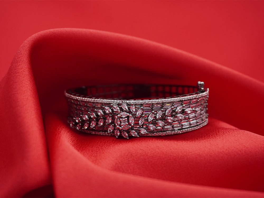 Silver-Tone Multi-Row Black Baguette Floral Statement Bracelet (Free size)