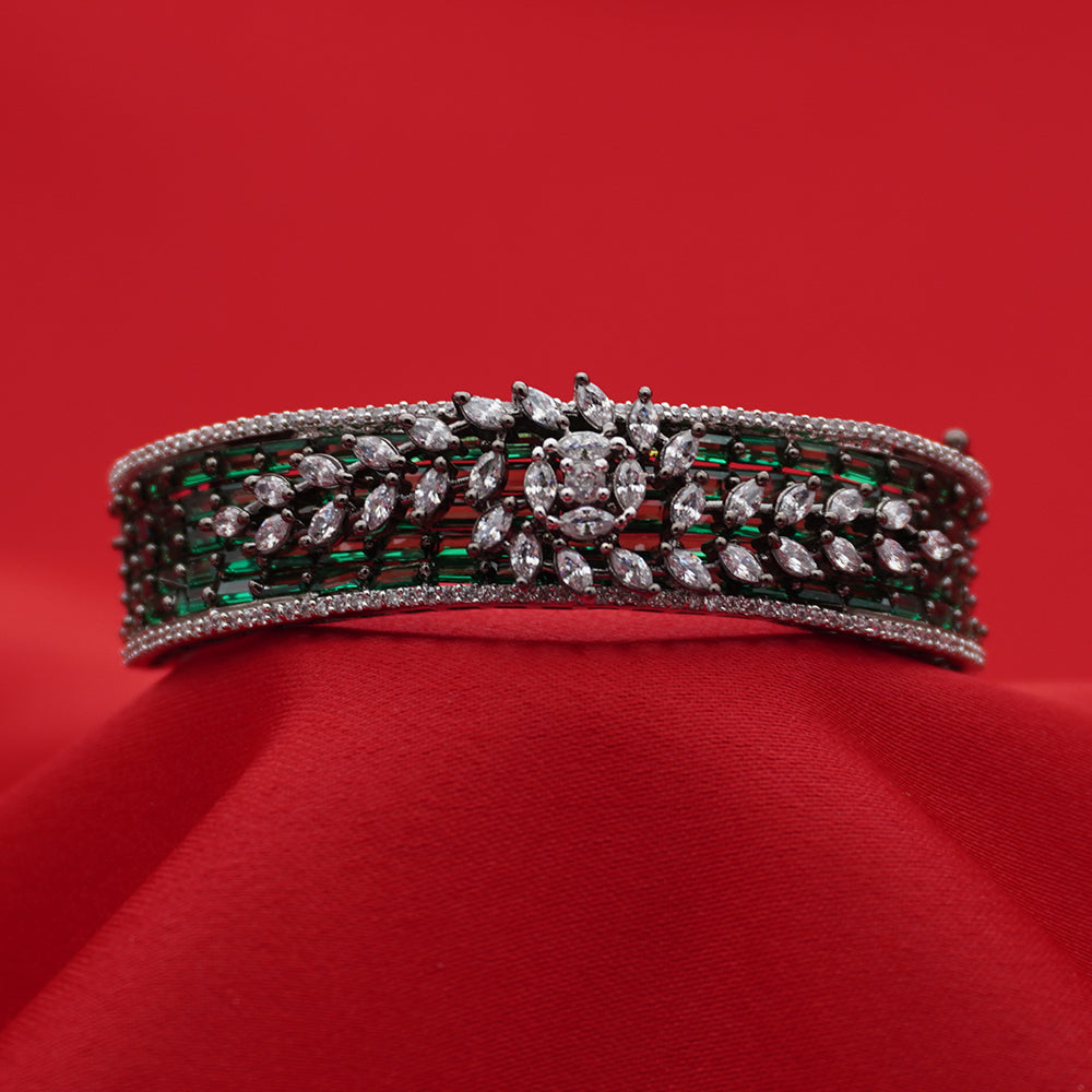 Silver-Tone Multi-Row Emerald-Green Baguette Floral Statement Bracelet (Free size)
