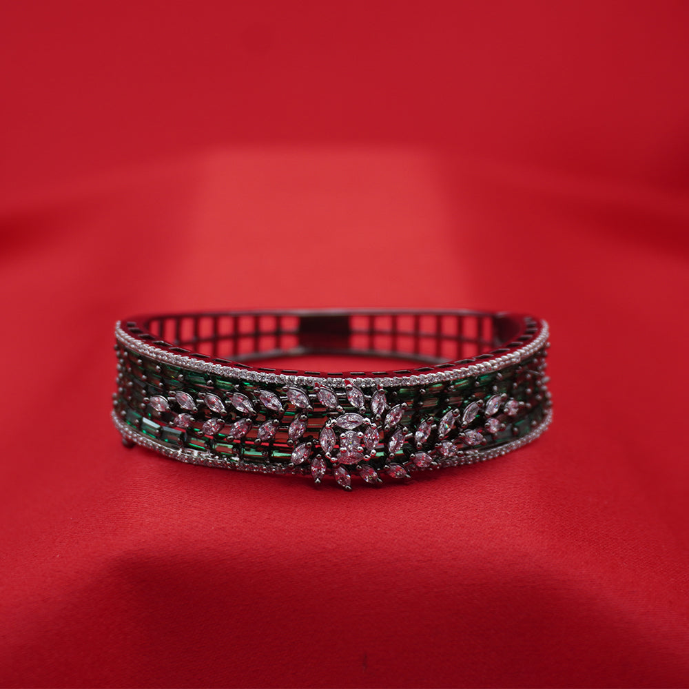 Silver-Tone Multi-Row Emerald-Green Baguette Floral Statement Bracelet (Free size)