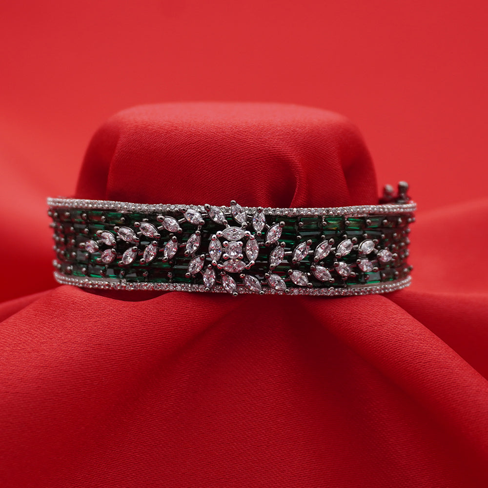 Silver-Tone Multi-Row Emerald-Green Baguette Floral Statement Bracelet (Free size)