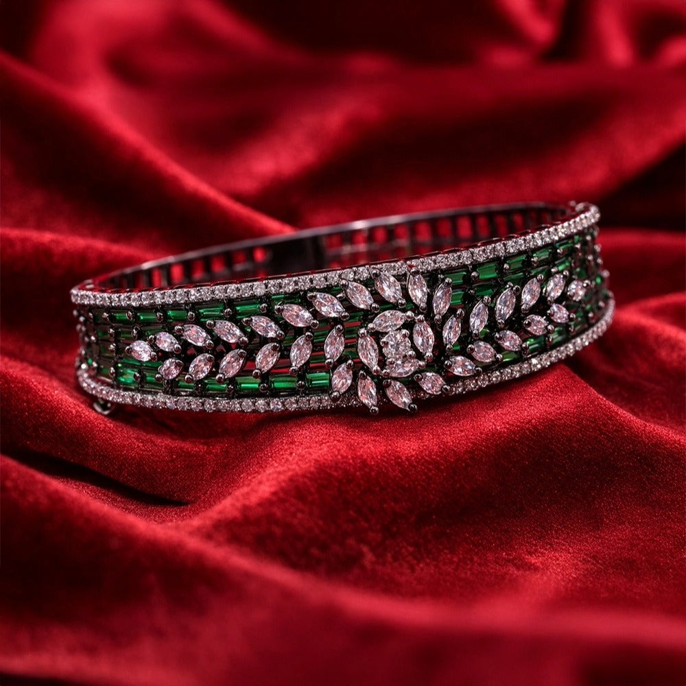 Silver-Tone Multi-Row Emerald-Green Baguette Floral Statement Bracelet (Free size)