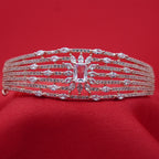Multi-Row Marquise Leaf Accent Silver Diamond Statement Bracelet (Free Size)